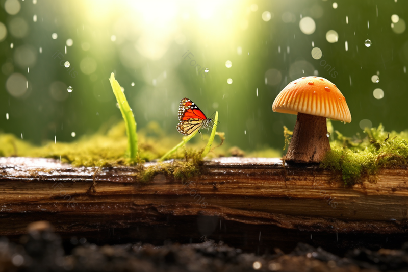 唯美场景雨中木枝上的蝴蝶和蘑菇,高清,摄影图,摄影图片,图片大全,摄影图免费下载